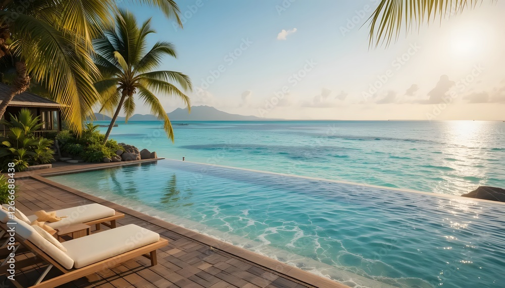 Fototapeta premium A tropical paradise with a natural infinity pool, where a shallow lagoon seamlessly merges with the vast turquoise ocean, The golden sunlight dances on the water’s surface, and a wooden deck with plus