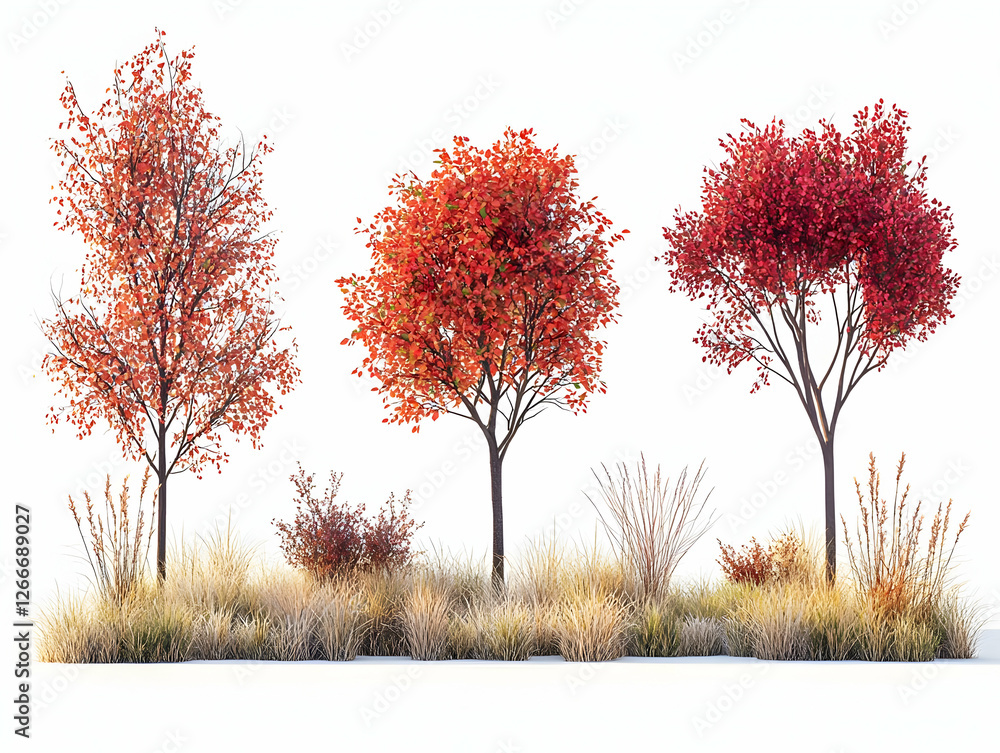 Autumn trees and grass isolated, 3D model, nature Autumn trees and grass isolated, 3D model, nature