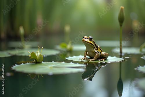 Small Frog Sitting on Lilypad in Pond