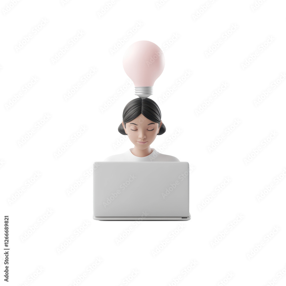 Isolated Woman Using Laptop with Glowing Light Bulb Above Her Head - Bright Idea Concept Isolated Woman Using Laptop with Glowing Light Bulb Above Her Head - Bright Idea Concept