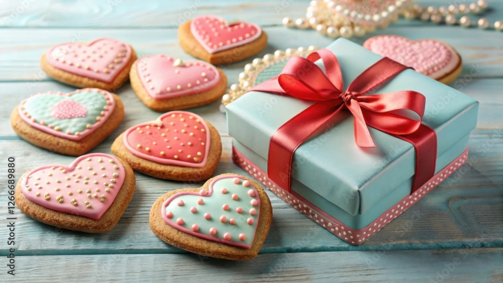 A delightful arrangement featuring heart-shaped cookies and a gift box, perfect for a special occasion