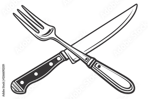  A simple, minimalist illustration of a fork and knife, both black and outlined in white, on a white background. The fork has four tines and the knife has a rounded tip. The objects are centered and