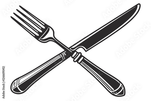  A simple, minimalist illustration of a fork and knife, both black and outlined in white, on a white background. The fork has four tines and the knife has a rounded tip. The objects are centered and