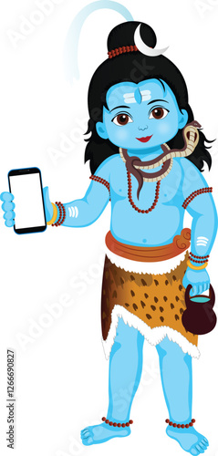 Lord Shiva Holding Mobile Phone Cartoon Character Vector Illustration