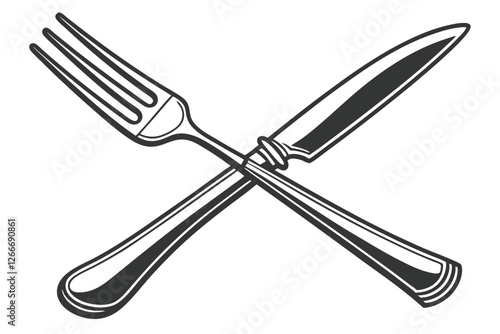  A simple, minimalist illustration of a fork and knife, both black and outlined in white, on a white background. The fork has four tines and the knife has a rounded tip. The objects are centered and
