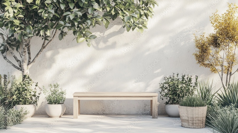 Fototapeta premium Serene Garden Bench: A Peaceful Outdoor Oasis