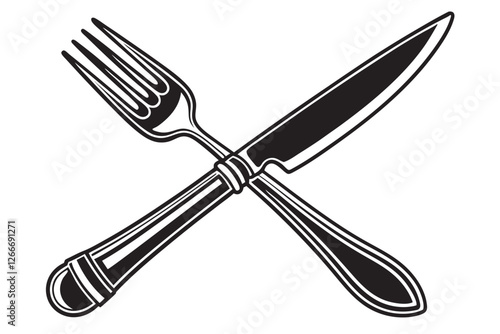  A simple, minimalist illustration of a fork and knife, both black and outlined in white, on a white background. The fork has four tines and the knife has a rounded tip. The objects are centered and