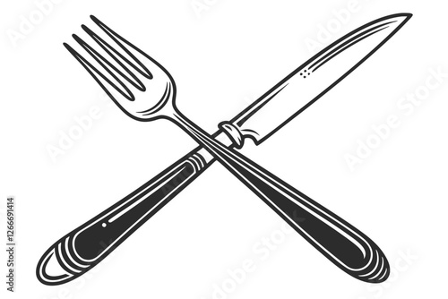  A simple, minimalist illustration of a fork and knife, both black and outlined in white, on a white background. The fork has four tines and the knife has a rounded tip. The objects are centered and