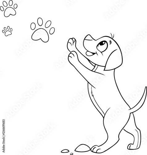 Playful Puppy Reaching for Paw Prints Adorable Cartoon Dog