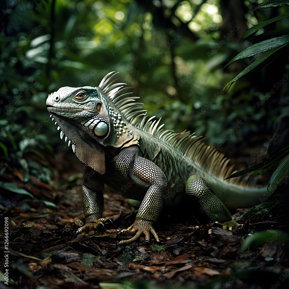 A green iguana sunbathing in a tropical garden, surrounded by lush greenery and a warm, golden light. A green iguana sunbathing in a tropical garden, surrounded by lush greenery and a warm, golden light.