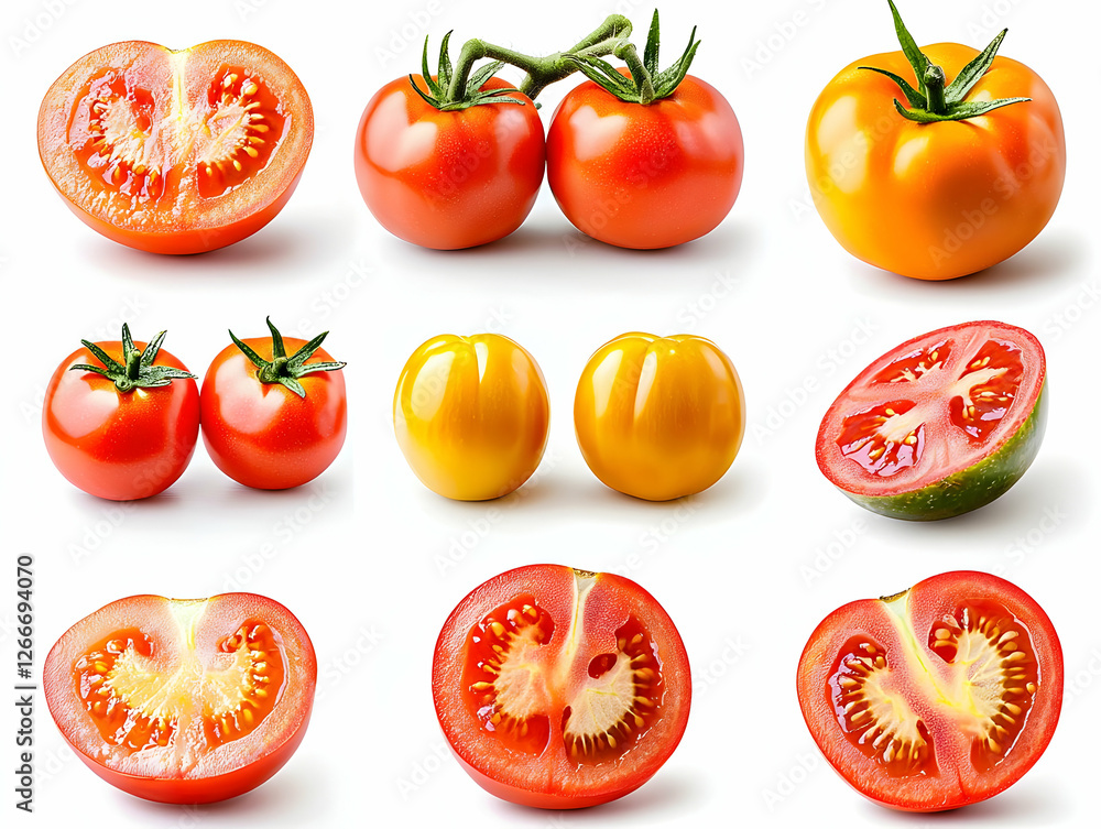 Fresh Tomatoes, Whole and Sliced, Isolated On White Background, For Culinary Use Fresh Tomatoes, Whole and Sliced, Isolated On White Background, For Culinary Use