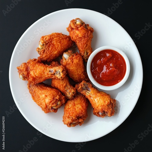 Fried chicken wing with tomato sauce, top view, dark background, food photography for ads