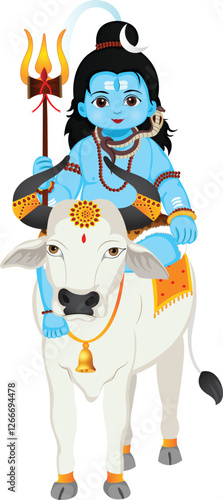 Lord Shiva Sitting on Nandi Cow Cartoon Character Vector Illustration