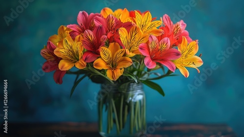 Wallpaper Mural A vibrant arrangement of red salvia flowers and yellow marigolds against a textured white wall. Torontodigital.ca