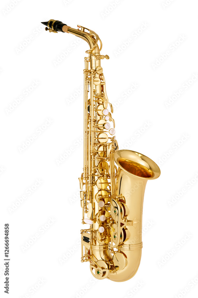 Naklejka premium Shiny Golden Alto Saxophone Isolated on White Background