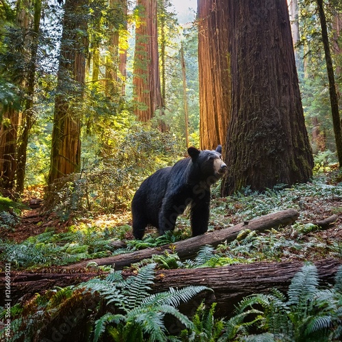 black bear in redwood forest