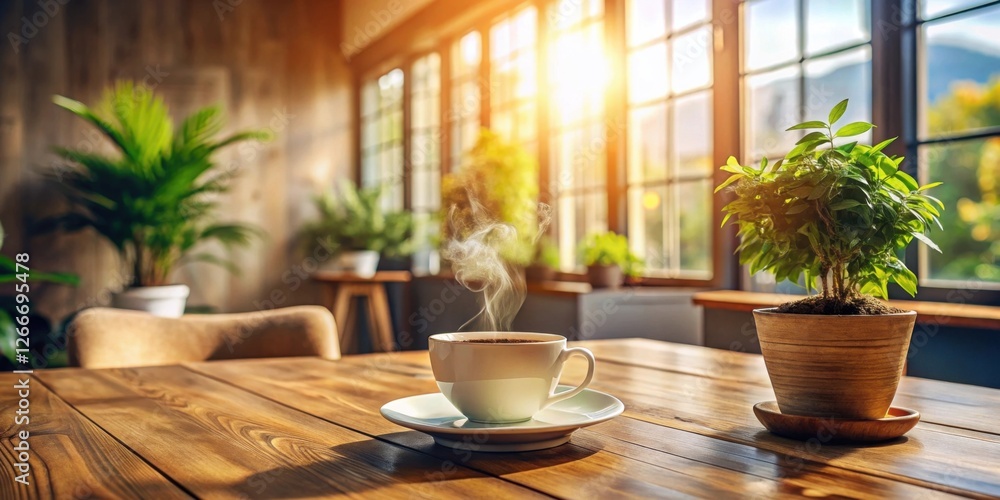 Warm Morning Sunlight Illuminates a Steaming Cup of Coffee on a Rustic Wooden Table, Surrounded by Lush Greenery Warm Morning Sunlight Illuminates a Steaming Cup of Coffee on a Rustic Wooden Table, Surrounded by Lush Greenery