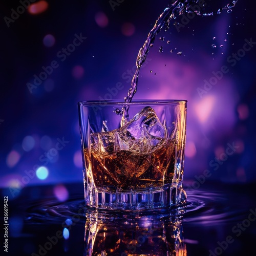 Wisky poring into glass, dark background, food photography for ads