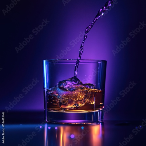 Wisky poring into glass, dark background, food photography for ads