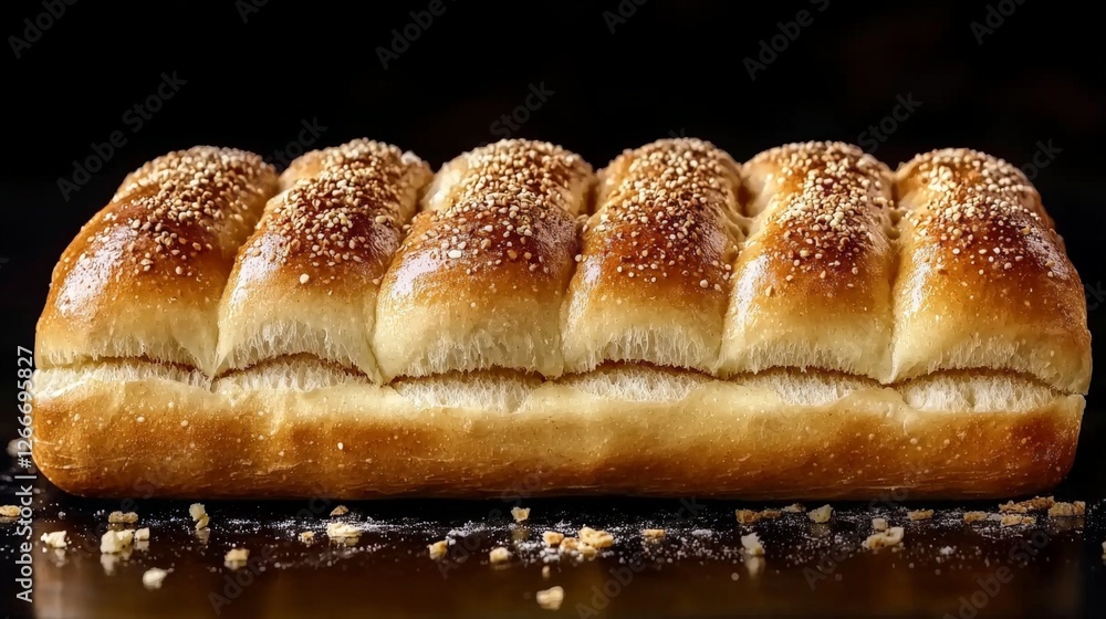Close Up of Freshly Baked Bread Roll Topped with Sesame Seeds Highlighting the Warm Golden Crust and Soft Fluffy Interior Evoking Comfort and Delight Close Up of Freshly Baked Bread Roll Topped with Sesame Seeds Highlighting the Warm Golden Crust and Soft Fluffy Interior Evoking Comfort and Delight