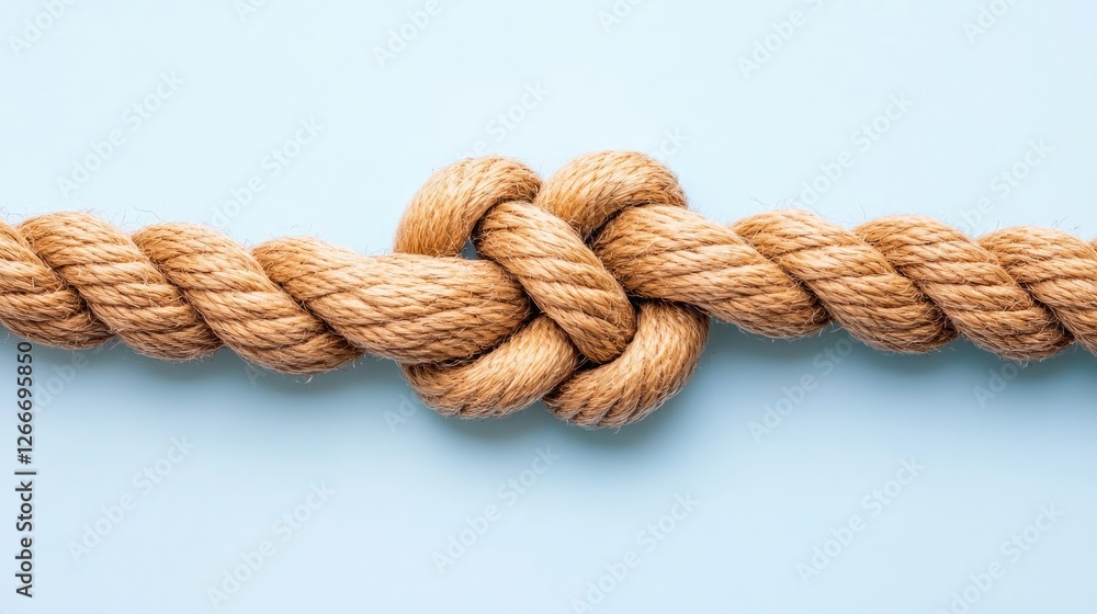 A close-up view of a beautifully tied knot on a natural rope against a vibrant blue background, showcasing texture and detail.