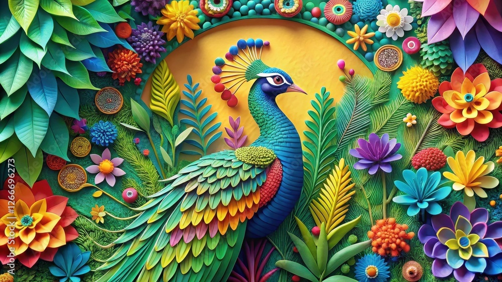 Vibrant Peacock Amidst a Lush Tapestry of Sculpted Flowers and Foliage, a Colorful Artistic Creation Vibrant Peacock Amidst a Lush Tapestry of Sculpted Flowers and Foliage, a Colorful Artistic Creation
