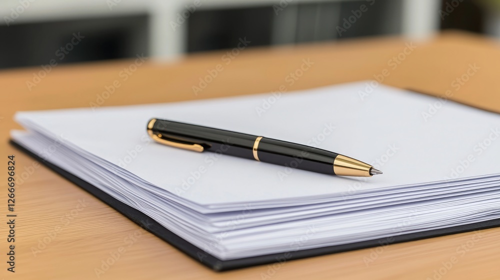 A sleek black pen rests on a stack of blank papers, perfect for notes, ideas, and creative brainstorming in a professional setting. A sleek black pen rests on a stack of blank papers, perfect for notes, ideas, and creative brainstorming in a professional setting.