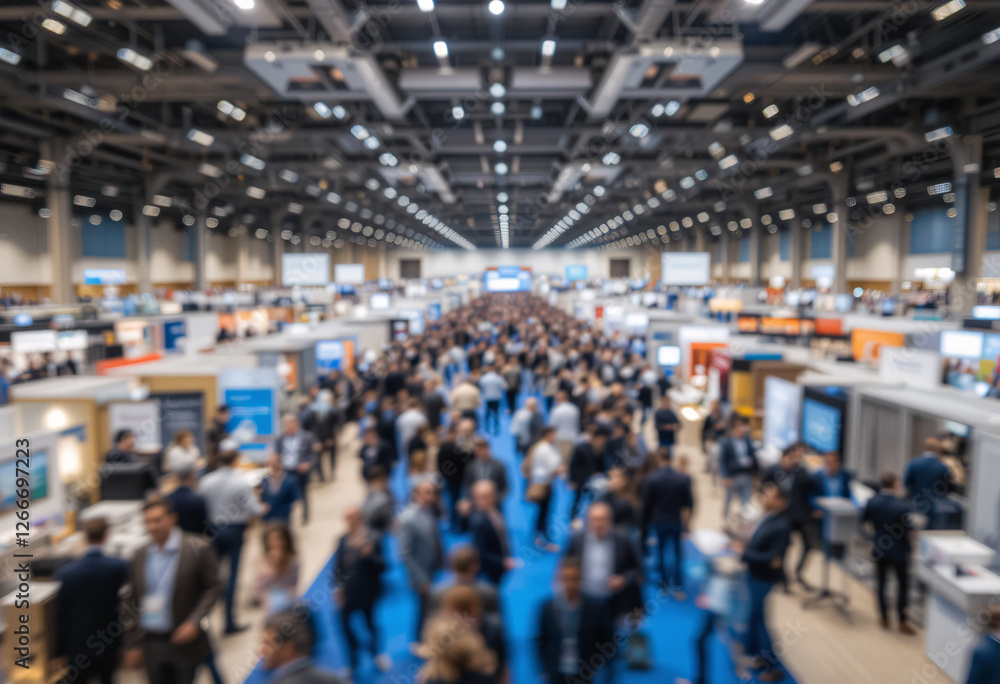 Large Business Expo Trade Show with a Crowd of Professionals Walking Through Exhibition Booths in a Modern Convention Center Large Business Expo Trade Show with a Crowd of Professionals Walking Through Exhibition Booths in a Modern Convention Center