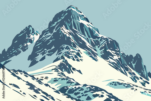   A photograph of a majestic mountain peak, taken from a low angle, with a clear, bright sky in the background. The peak is covered in snow and has jagged, rocky outcrops. The lighting is soft and na