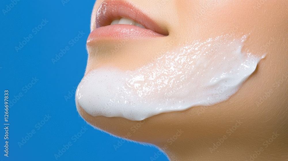 Fototapeta premium Close-up of a woman's chin with shaving cream, highlighting skincare and grooming routines for a smooth finish.