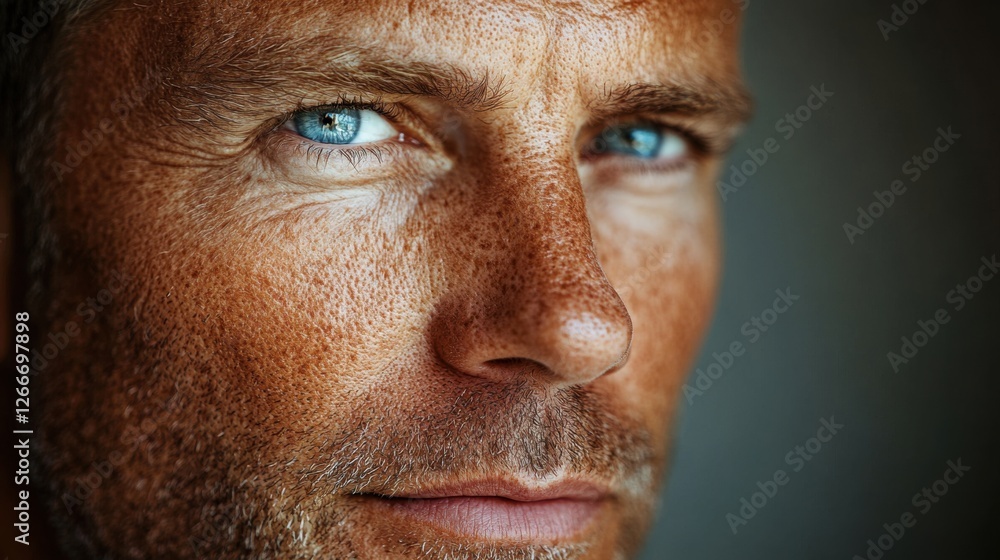 Obraz premium Before and after photos of a problematic face and healthy skin. Close Up Portrait of a Man with Blue Eyes and Freckles
