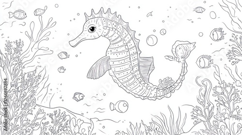 Underwater Seahorse Coloring Page, Peaceful Coral Reef Scene photo