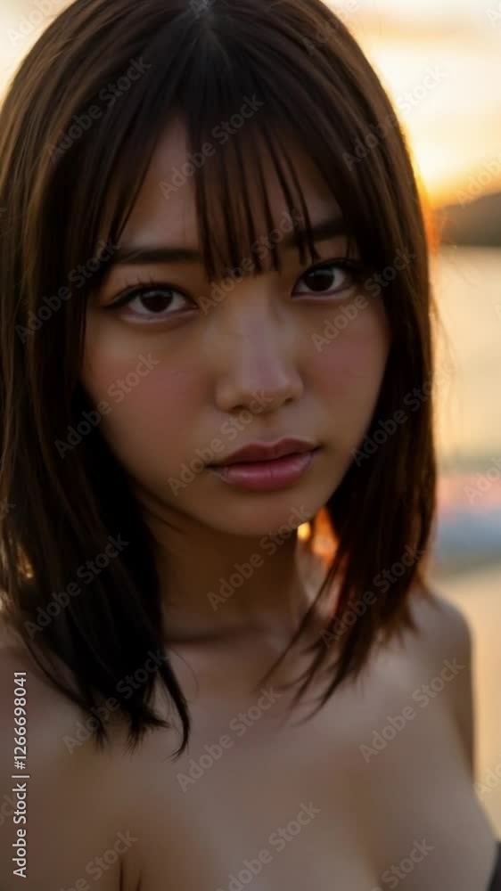 夕日の海辺で佇む女性のポートレート – 柔らかな光に照らされる瞳と自然な美しさ
夕日の海辺で佇む女性のポートレート – 柔らかな光に照らされる瞳と自然な美しさ