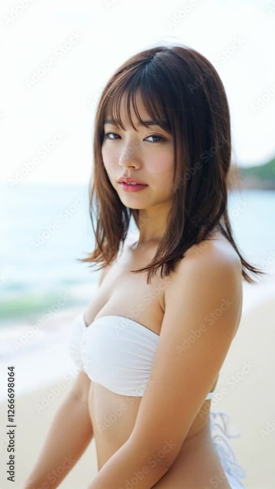 白いビキニで南国のビーチに佇む女性 – 爽やかな夏の日差しと自然な美しさを映すポートレート
白いビキニで南国のビーチに佇む女性 – 爽やかな夏の日差しと自然な美しさを映すポートレート