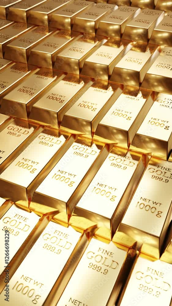 Gold bars stack with a shiny reflective surface concept background business success wealth investment banking abstract financial luxury. Vertical 3D animation Gold bars stack with a shiny reflective surface concept background business success wealth investment banking abstract financial luxury. Vertical 3D animation