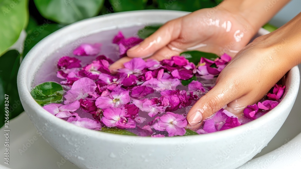 Fototapeta premium Hands gently immersed in a bowl of vibrant pink flower petals, promoting relaxation and self-care in a serene setting.