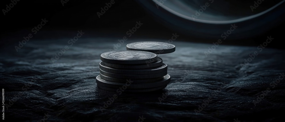 Fototapeta premium Stacked coins on dark surface, dramatic lighting