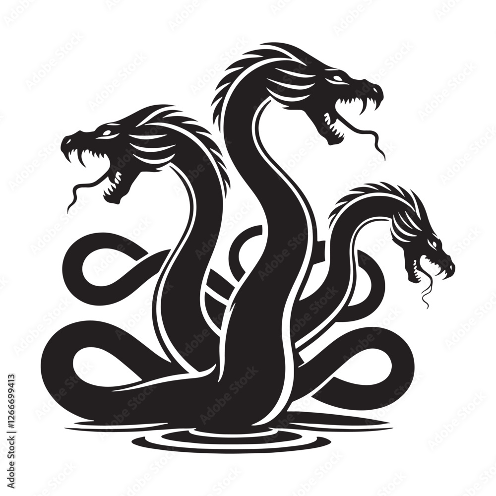 Obraz premium Fierce Hydra silhouette representing the multi-headed serpent - Hydra illustration - Hydra vector - mythical creature silhouette 