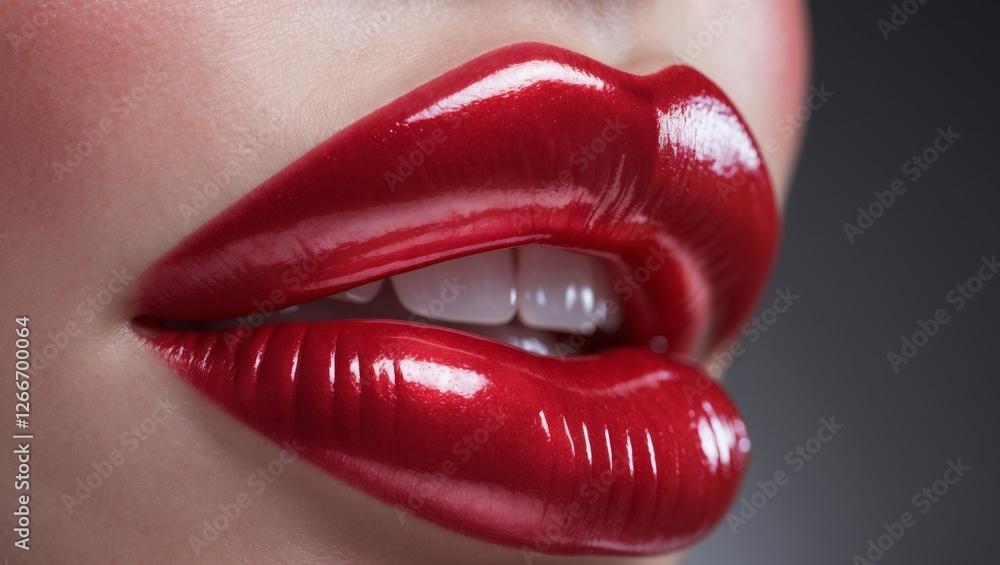 Obraz premium Closeup view of Stunningly Beautiful Red Lips featuring a High Glossy Finish that Captivates.
