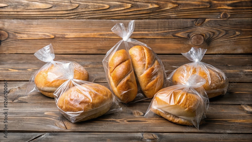 Freshly baked bread packaging with assorted loaves in clear plastic bags on a wooden table Freshly baked bread packaging with assorted loaves in clear plastic bags on a wooden table