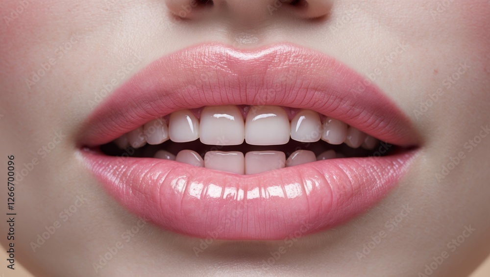 A close up of a pink lips with white teeth. A close up of a pink lips with white teeth.