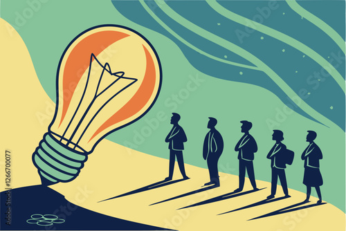 A digital painting with a surreal and abstract style, featuring a group of silhouetted figures standing in a row, facing a large, glowing light bulb that is emitting a bright yellow and orange ligh