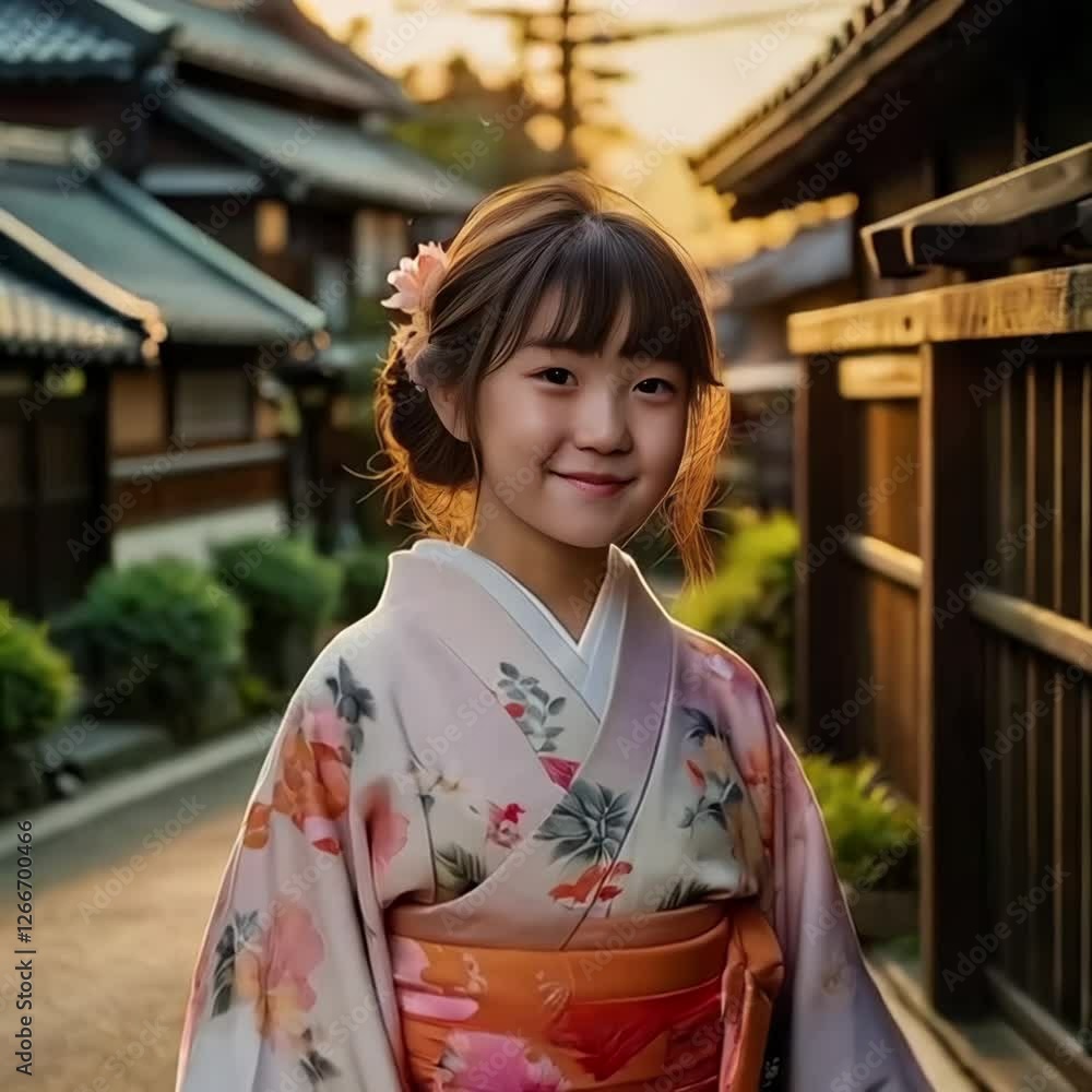 Japanese Girl in Kimono Smiling at the Camera Japanese Girl in Kimono Smiling at the Camera