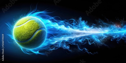  Tennis ball moving at high speed with magical blue flames and lights in a rendering on a black background , fantasy, abstract representation