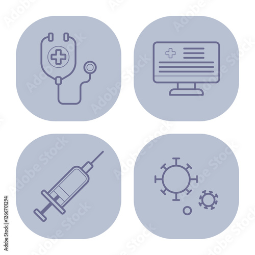 Collection of four line icons with essential health symbols: stethoscope, health display computer, syringe, and virus representations, highlighting medical themes