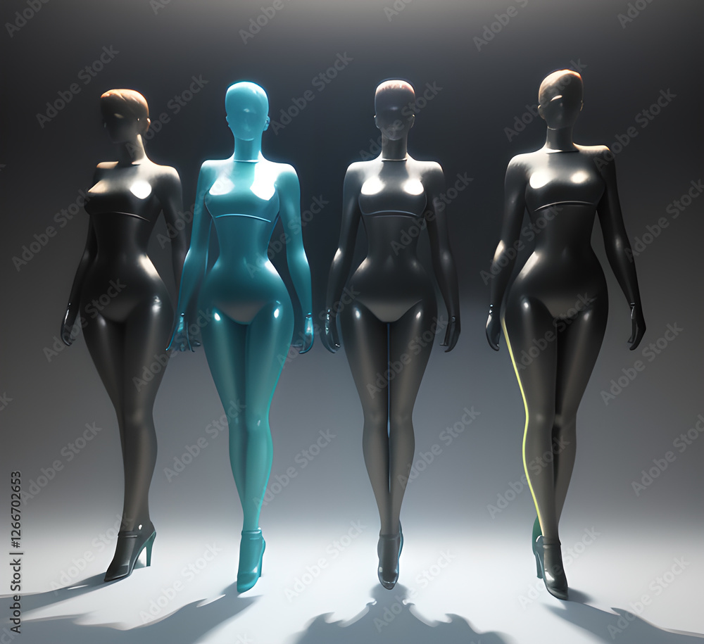 Obraz premium Abstract surrealistic illustration of glass statue several people standing in pose.Concept project.mindfulness and meditation.Futuristic. cyberpunk.innovation different types of poses.generative ai