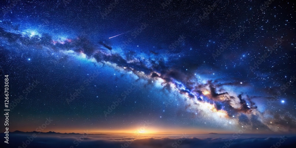 Celestial Panorama A Breathtaking View of the Milky Way Galaxy Arcing Across a Starry Night Sky, Above a Serene Landscape of Mountains and Clouds at Sunrise Celestial Panorama A Breathtaking View of the Milky Way Galaxy Arcing Across a Starry Night Sky, Above a Serene Landscape of Mountains and Clouds at Sunrise