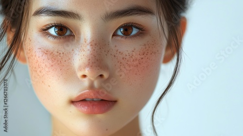 asia Before and after photos of a problematic face and healthy skin. Closeup Portrait of a Young Woman with Freckles