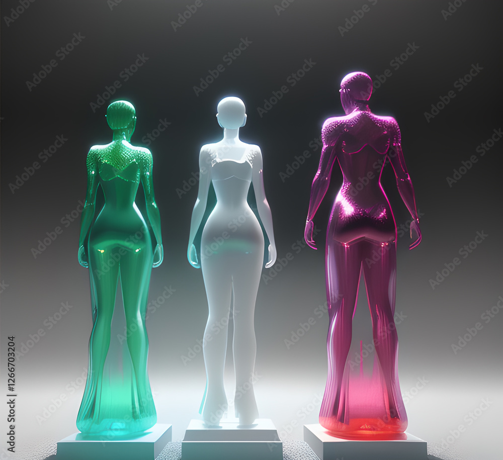 Obraz premium Abstract surrealistic illustration of glass statue several people standing in pose.Concept project.mindfulness and meditation.Futuristic. cyberpunk.innovation different types of poses.generative ai