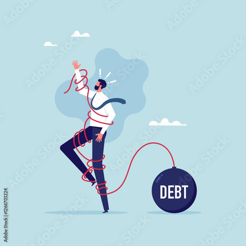 Businessman chained by a huge weight debt, man who is in debt, concept of Financial Problem, obligation, responsibility, burden, money management